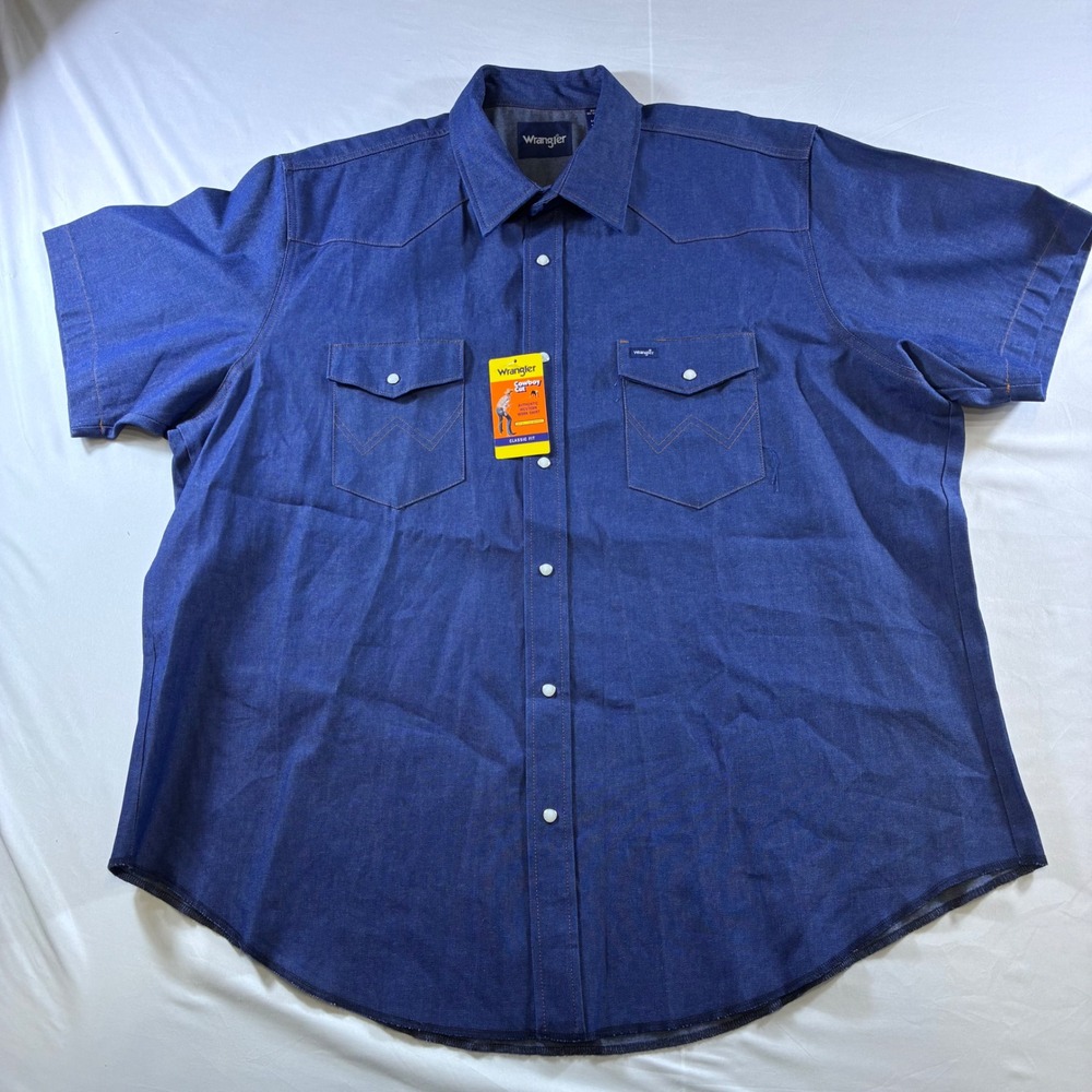 Wrangler Cowboy Cut Western Denim Snap Shirt Mens 2X Big‎ Blue Short Sleeve NEW